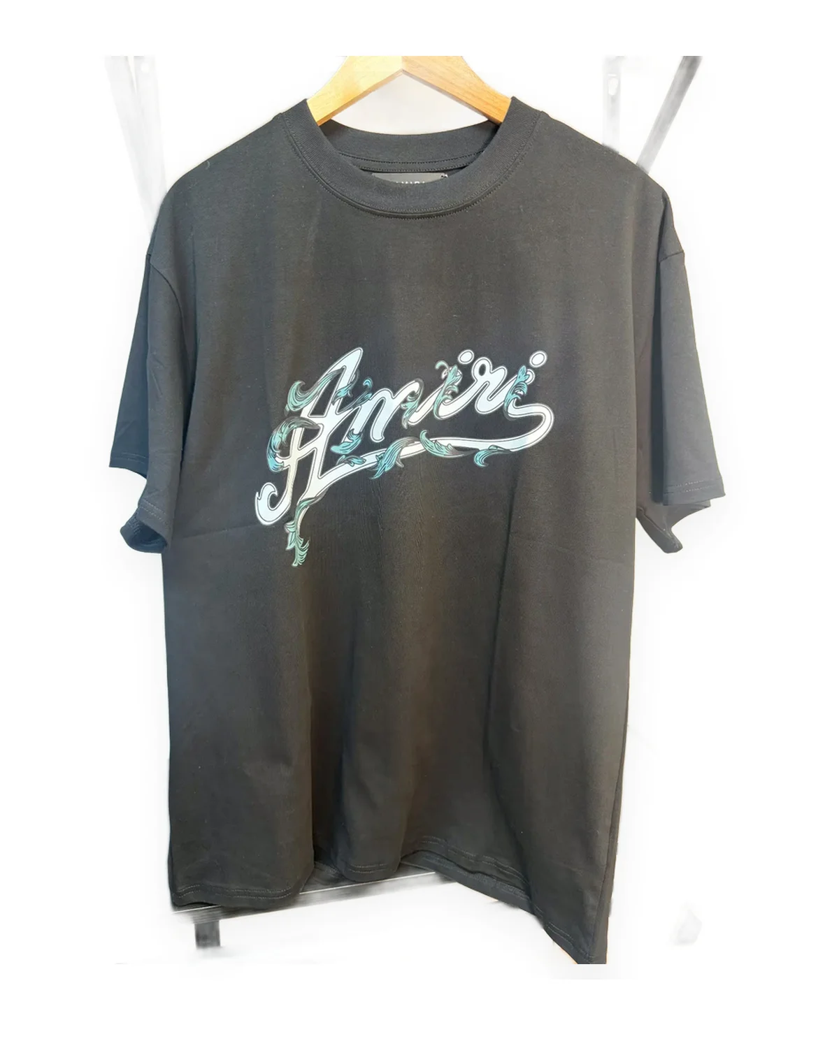 Black Tee with Script Wordmark & Teal Leaf Scrollwork