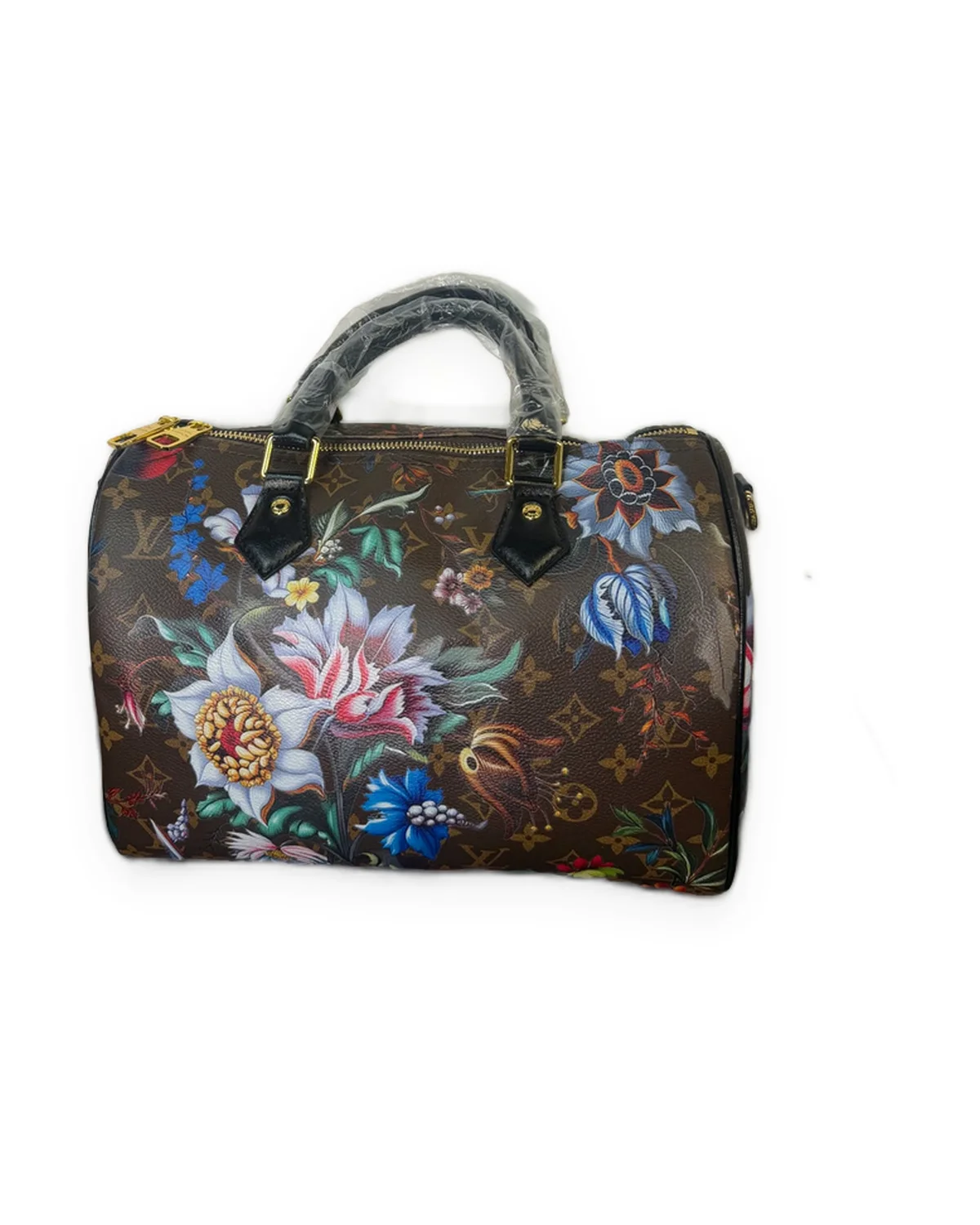Brown Monogram Top-Handle Bag with Floral Print