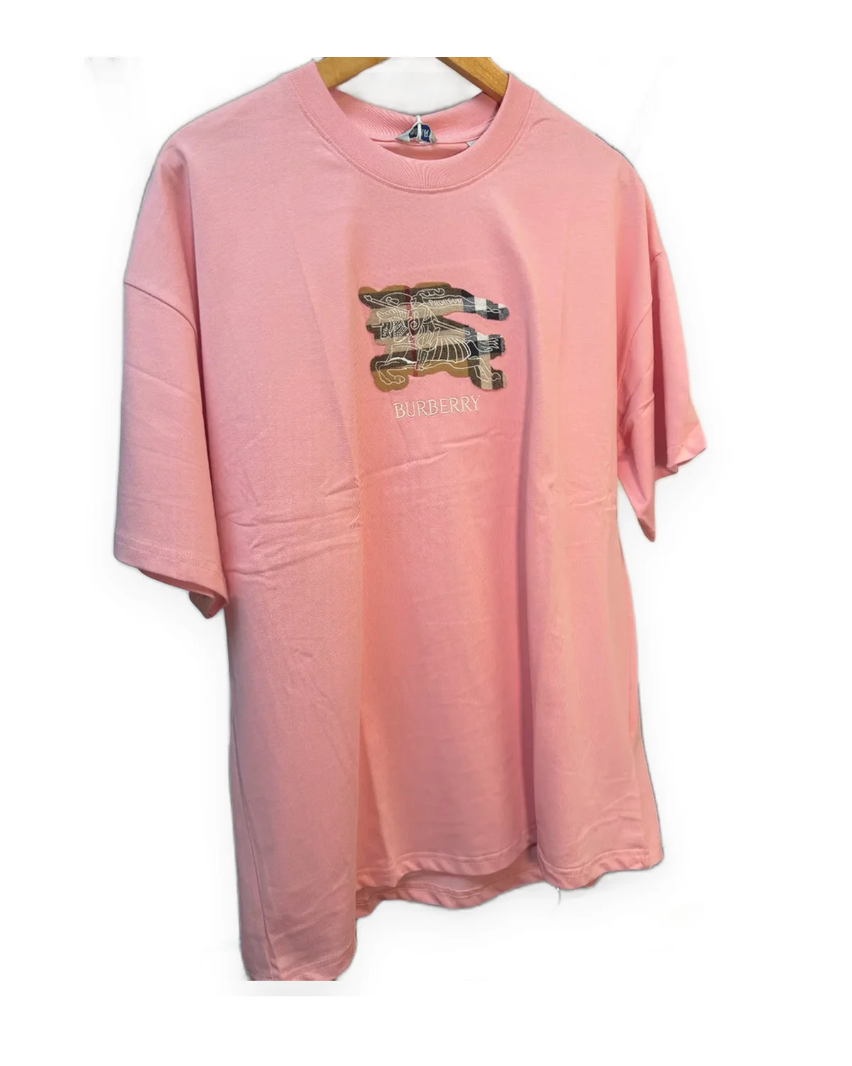 Pink Boxy Tee with Embroidered Check Crest