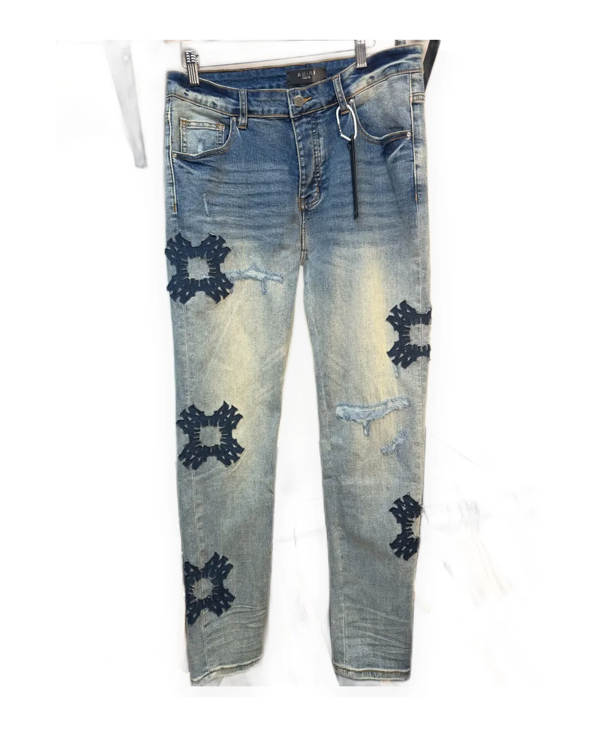 Blue Distressed Slim Jeans with Applique Patches