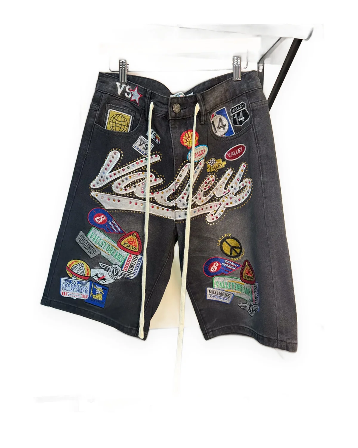 Faded Black Baggy Denim Shorts with Patches & Rhinestone Script