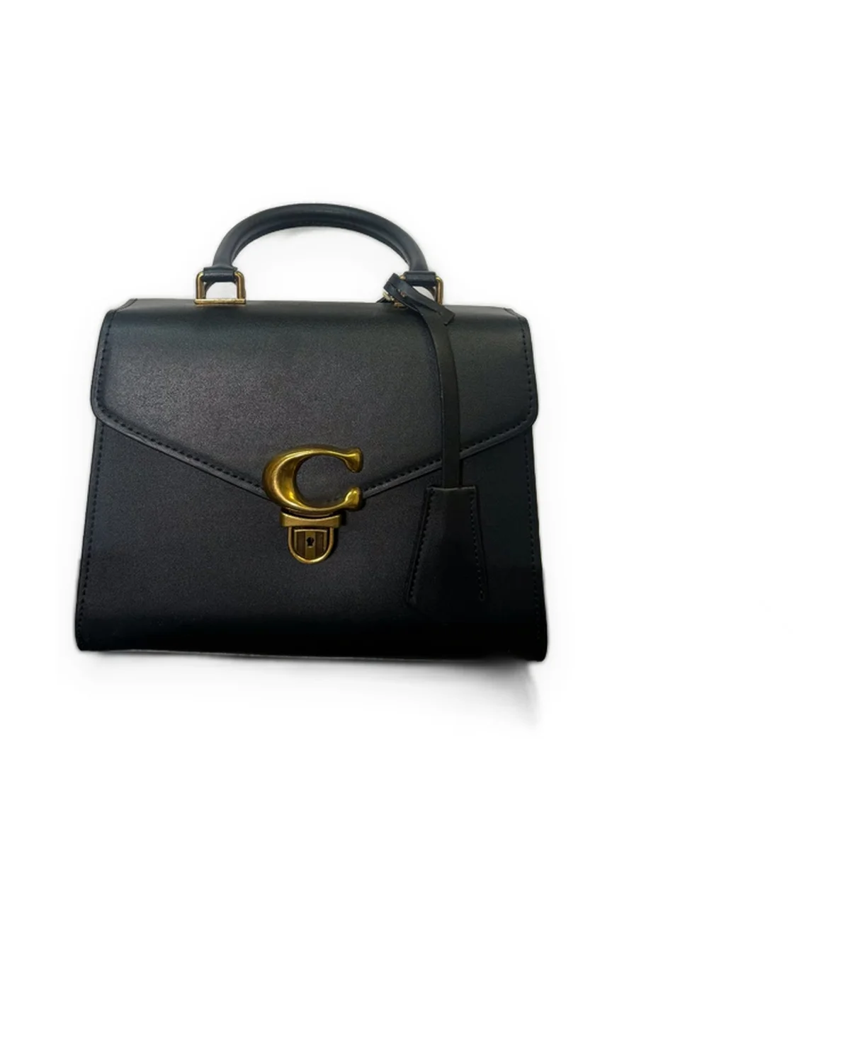 Black Leather Top-Handle Bag with Gold Turn-Lock