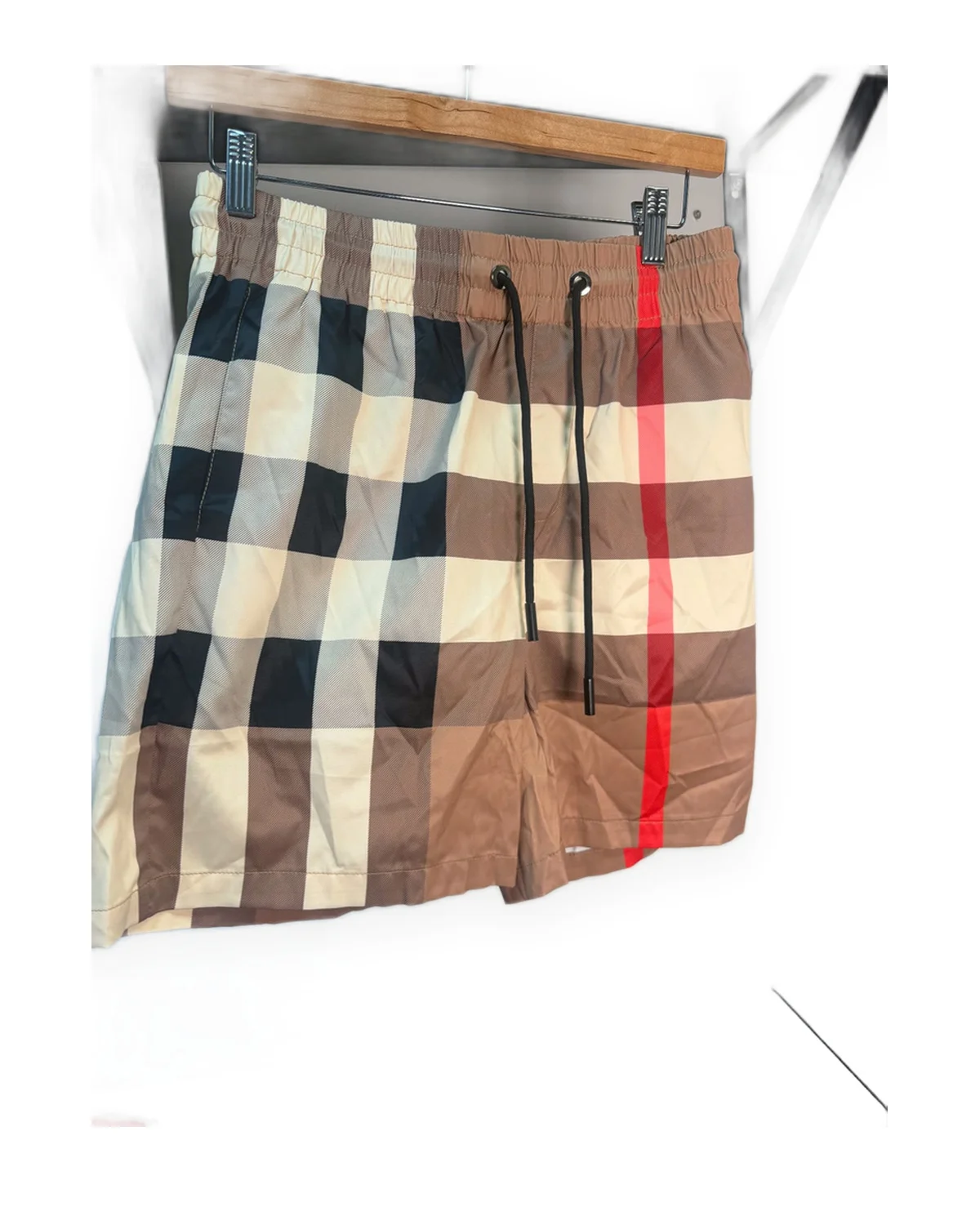 Tan & Black Check Color-Block Shorts with Red Stripe