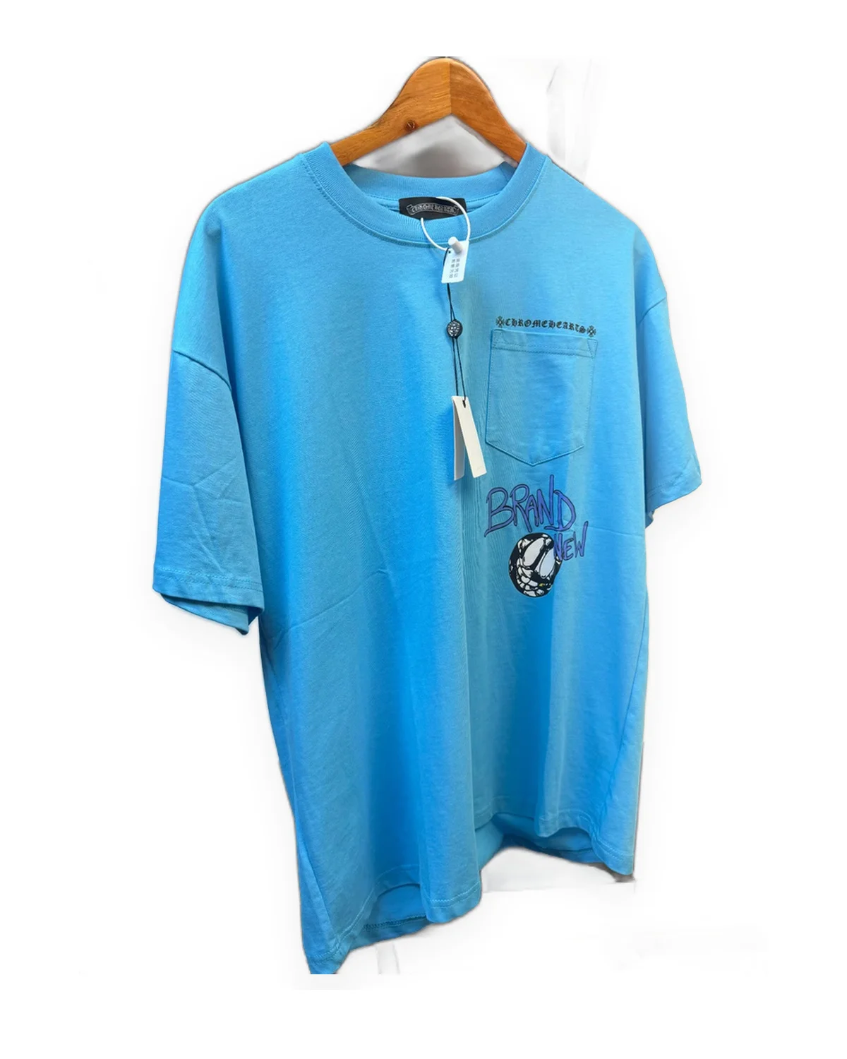 Blue Pocket Tee with Graffiti Script Graphic