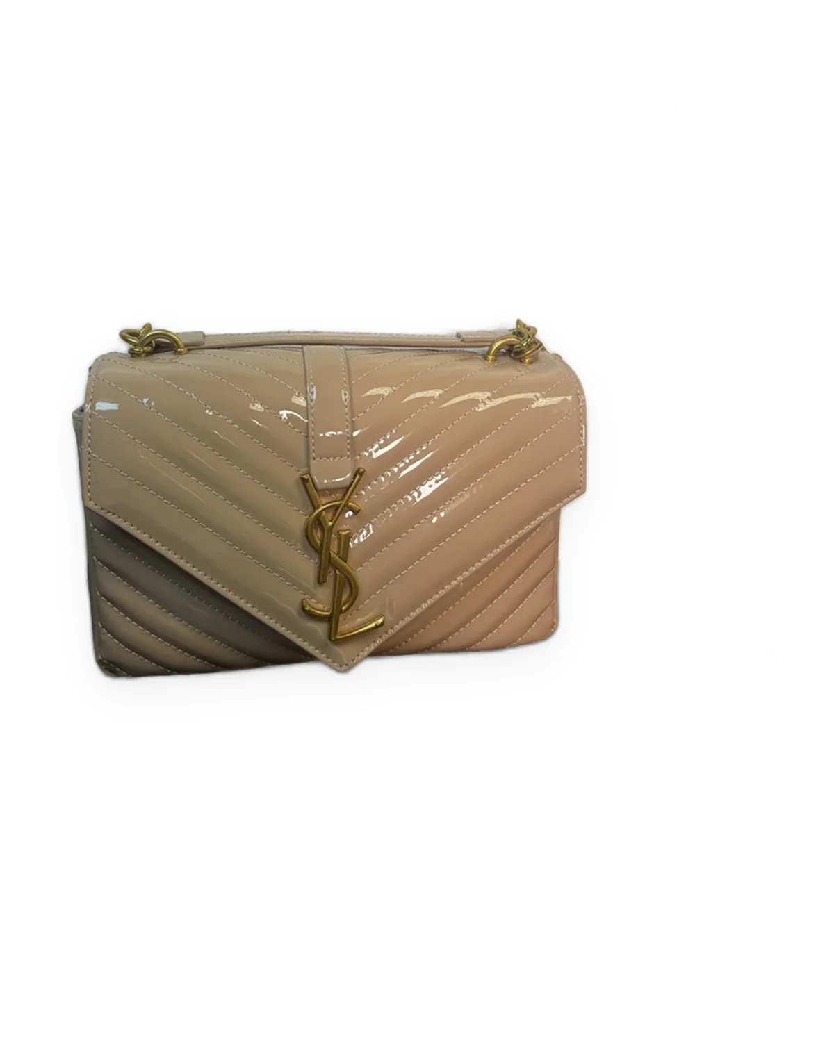 Beige Patent Chevron-Quilted Envelope Bag