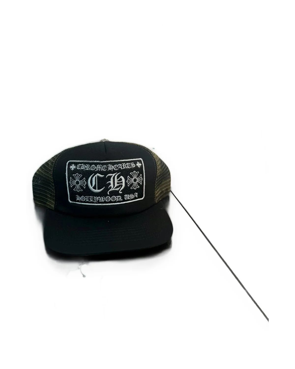 Black Monogram Patch Trucker Cap with Camo Mesh