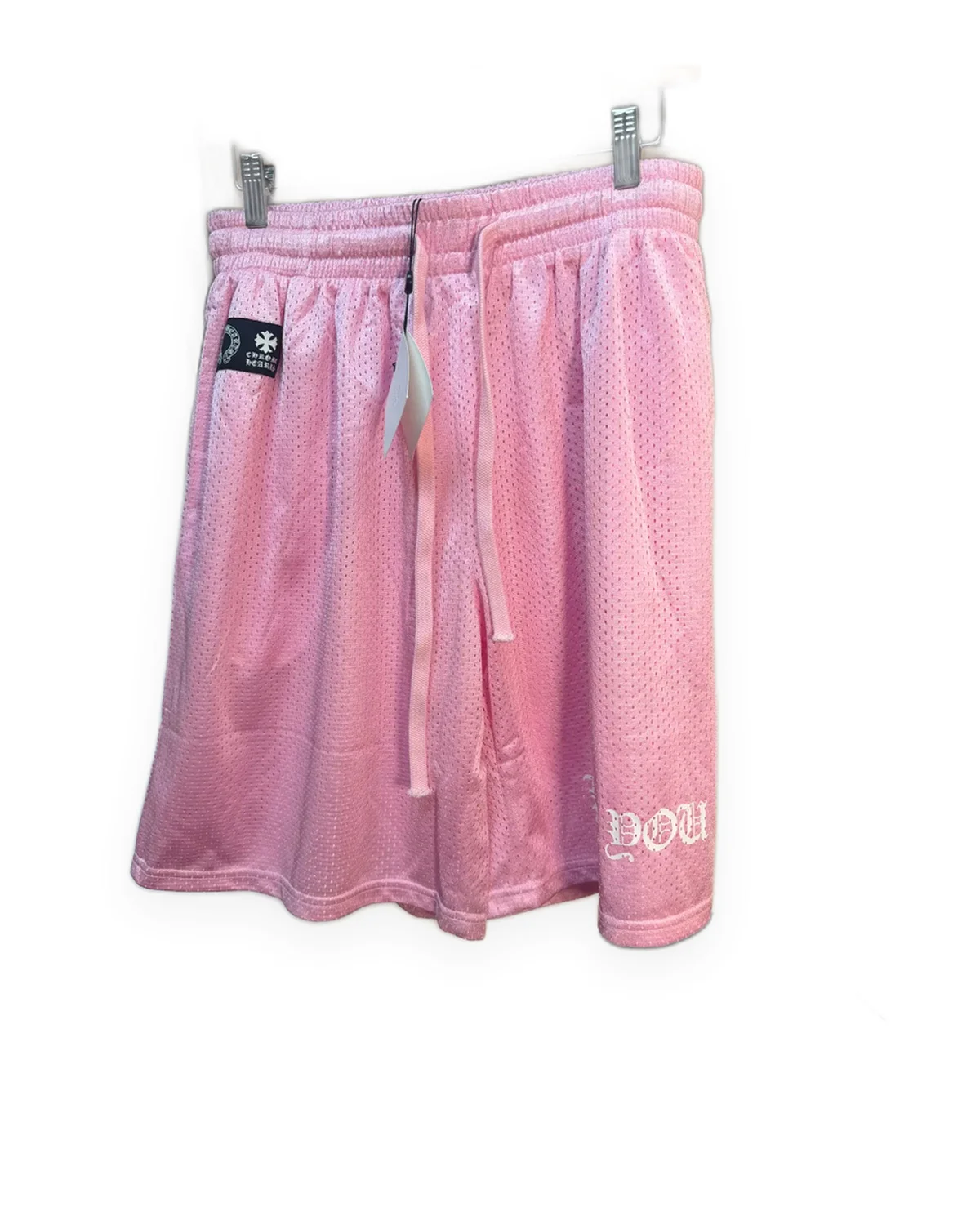 Pink Mesh Athletic Shorts with Hip Patch & Gothic Lettering
