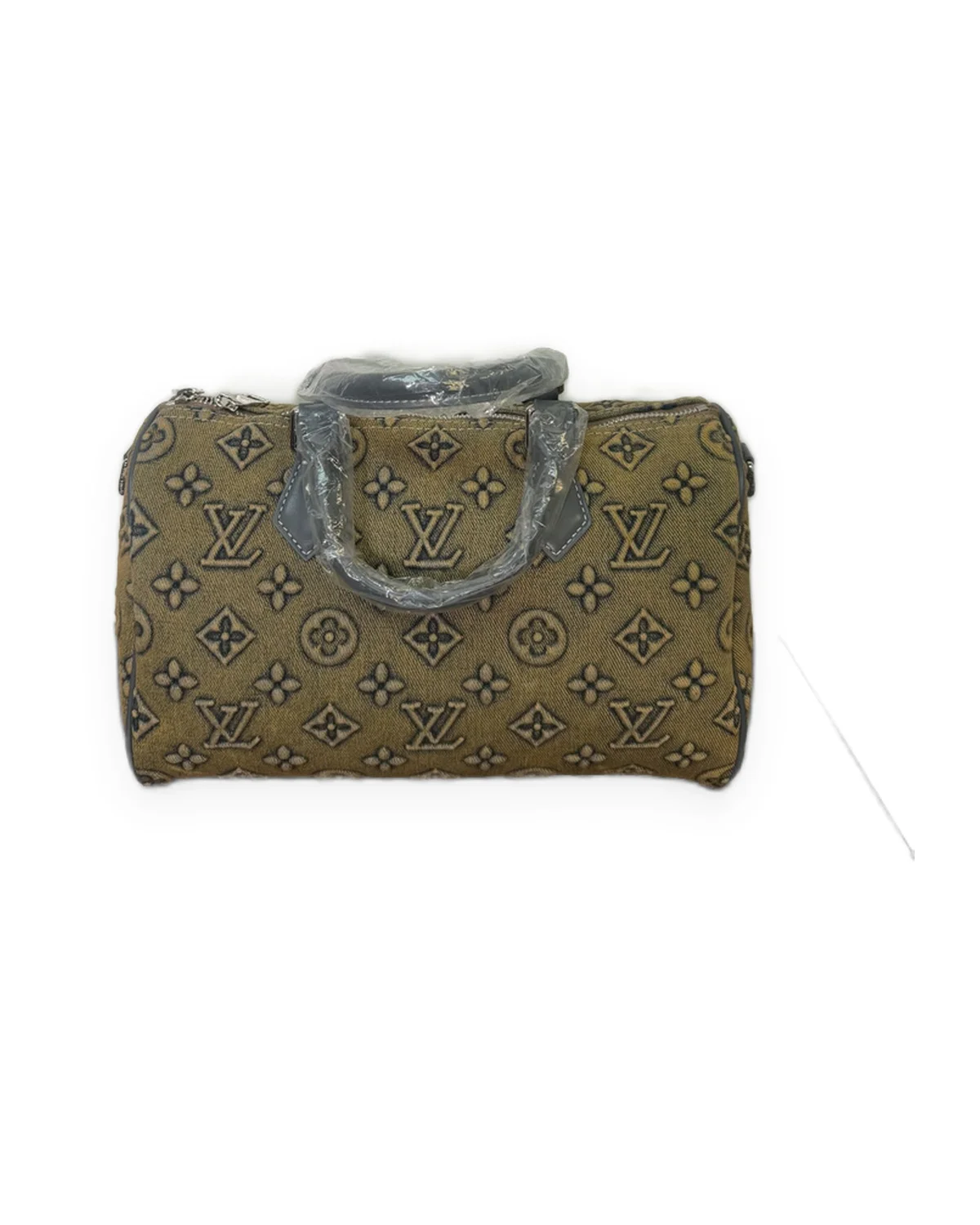 Tan Woven Barrel Bag with Blue-Grey Monogram