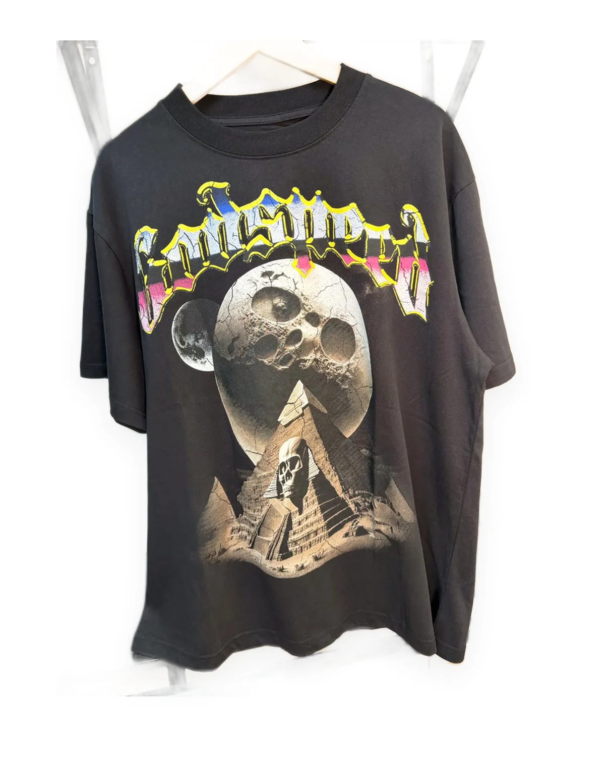 Washed Black Boxy Tee with Moon and Pyramids Graphic