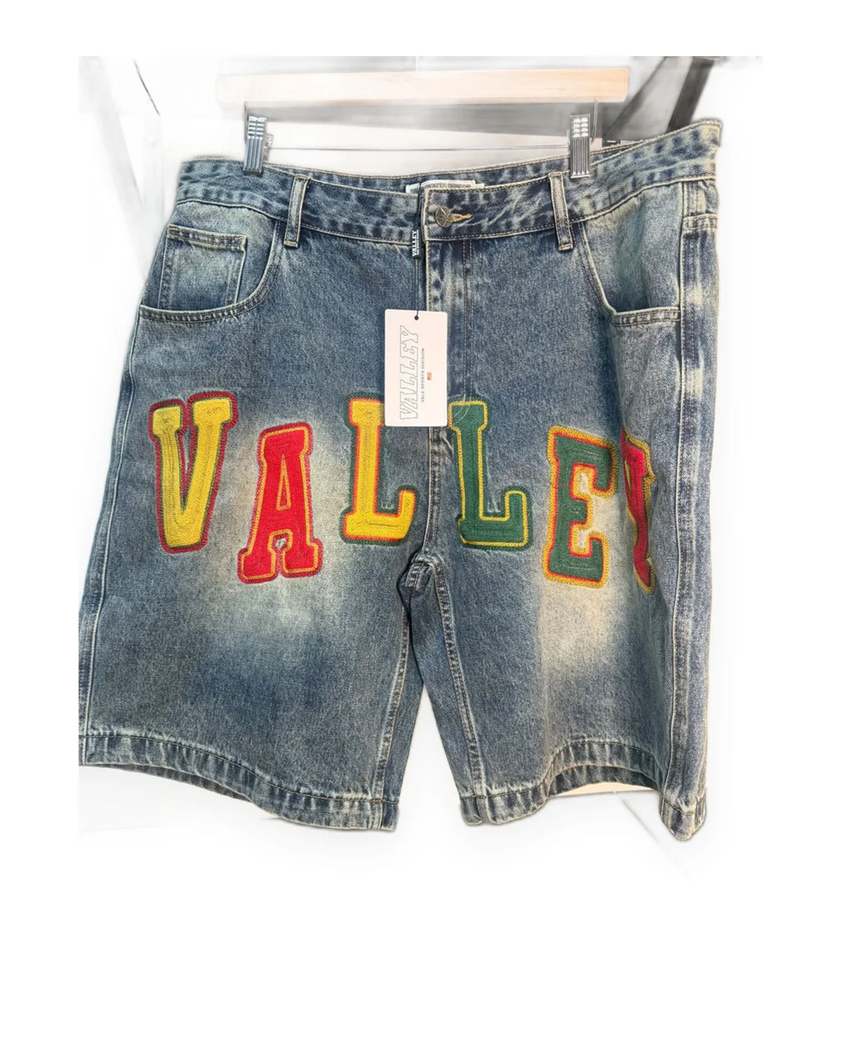 Faded Blue Acid-Wash Denim Shorts with Multi-Color Lettering