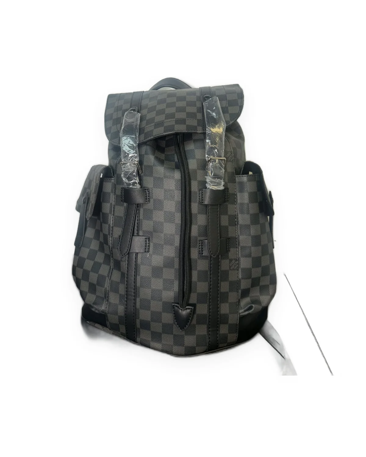 Grey Check Backpack with Black Trim and Silver Buckles