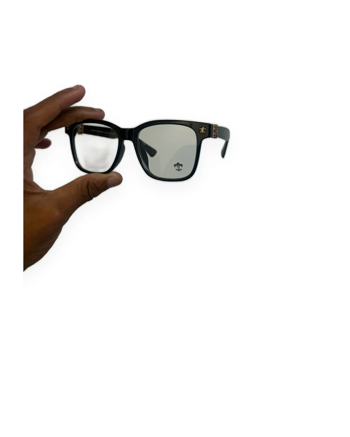 Black Rectangular Eyeglasses with Gold Fleur Detail