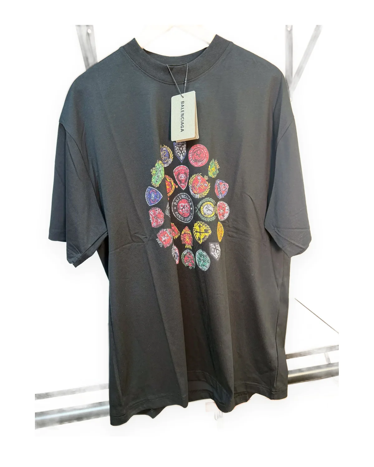 Black Oversized Tee with Crest Cluster Graphic