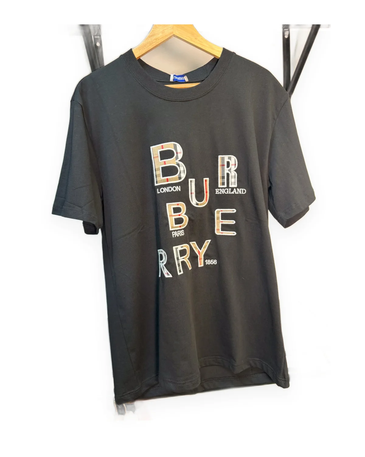 Black Crewneck Tee with Plaid Letter Graphic