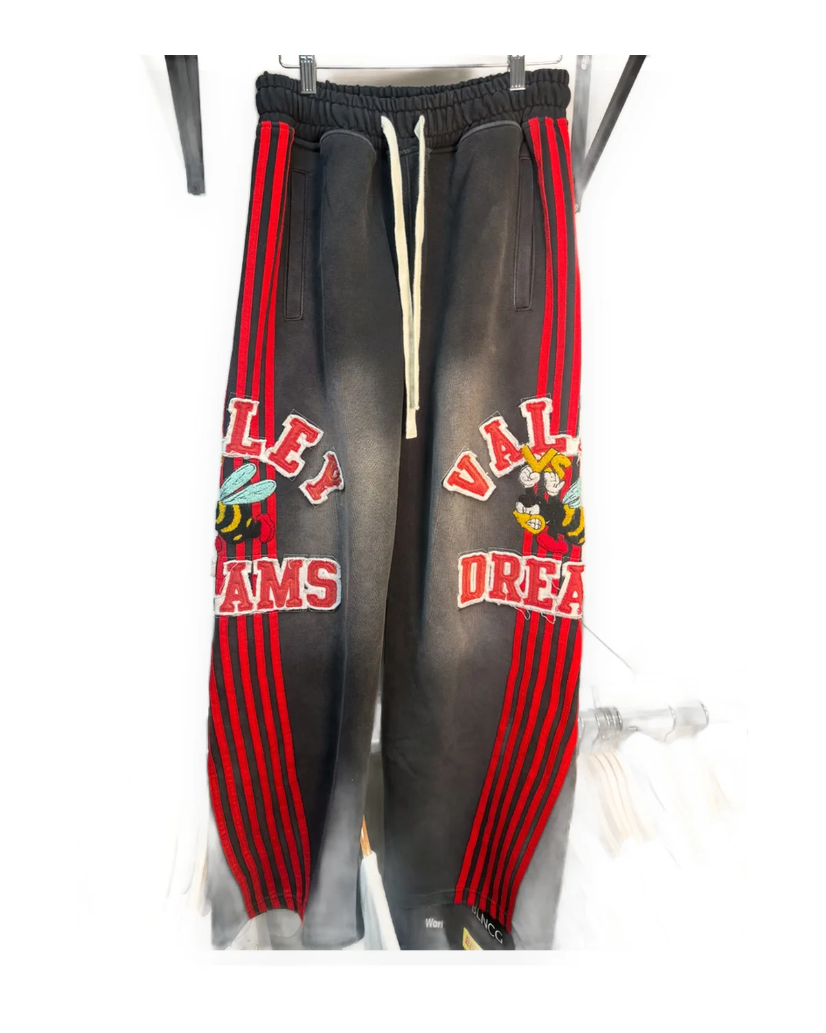 Faded Charcoal Wide-Leg Sweatpants with Red Stripes