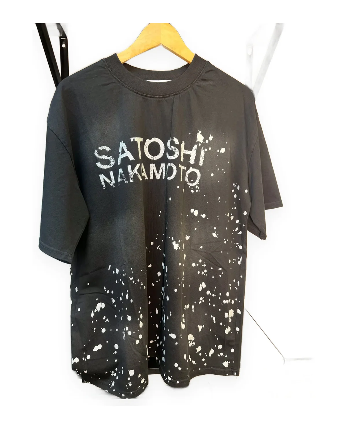 Black Oversized Tee with Distressed Chest Print and Splatter Hem