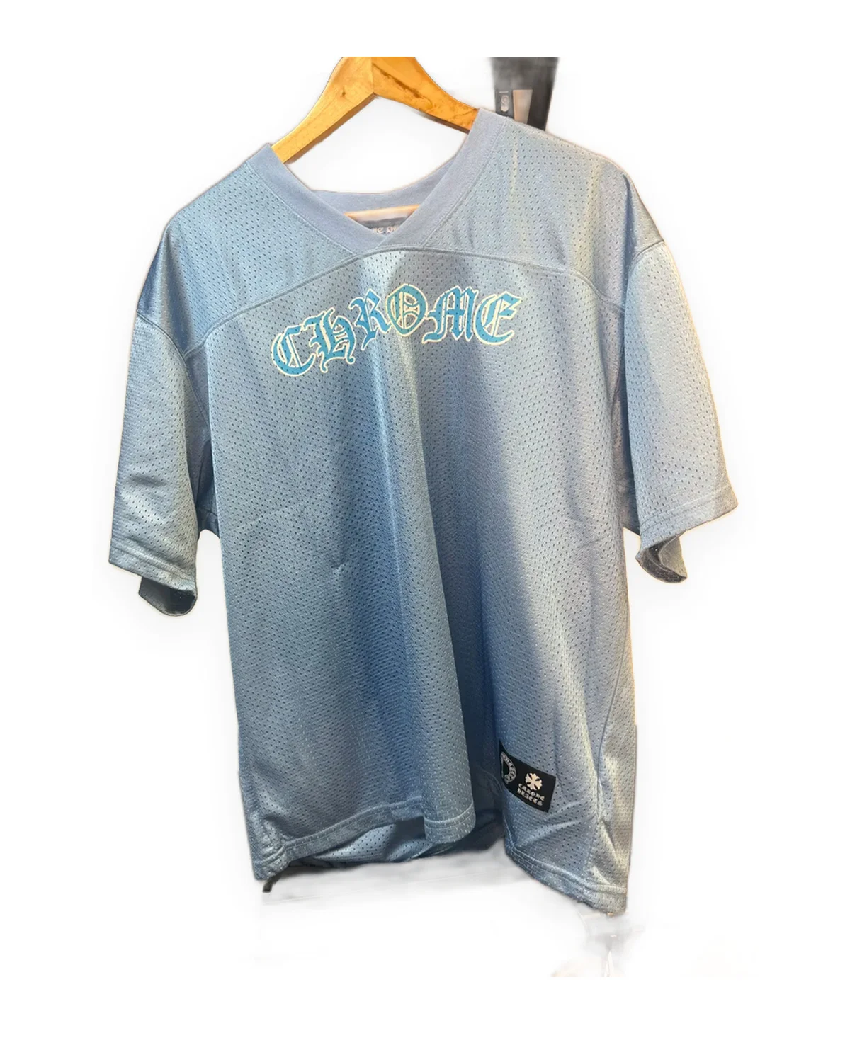 Blue Mesh V-Neck Jersey with Gothic Wordmark