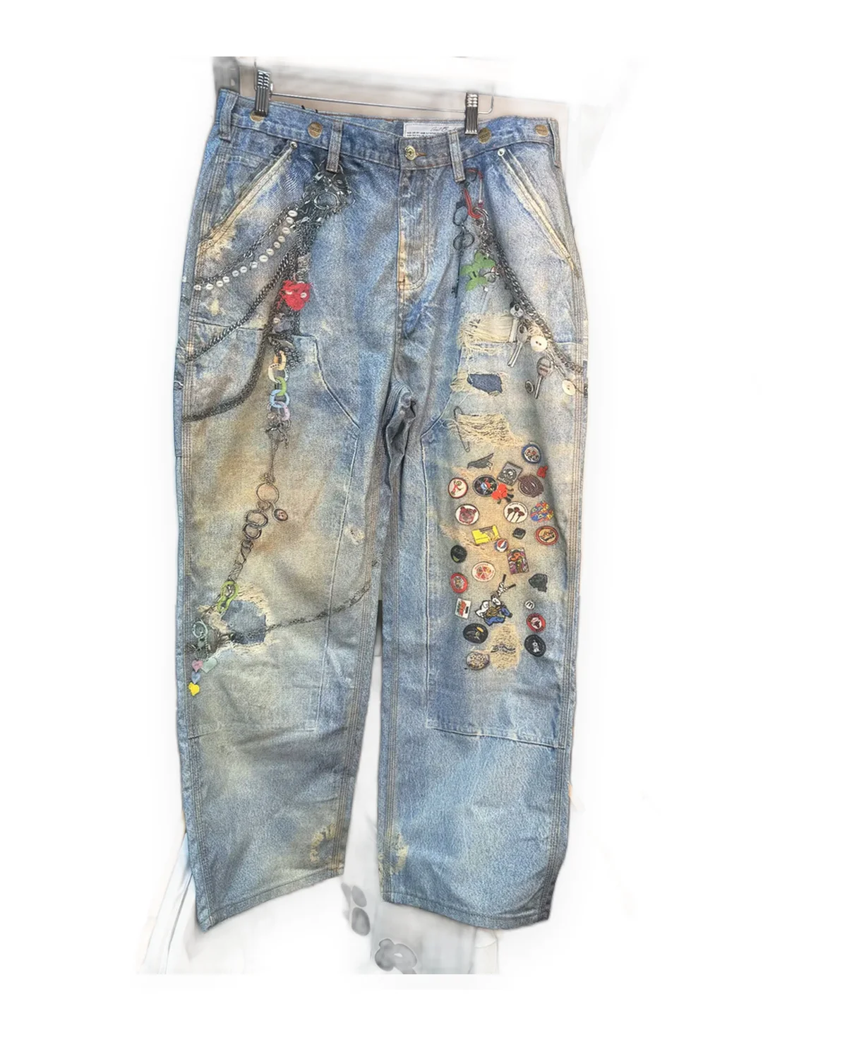 Light Wash Wide-Leg Jeans with Jewelry Print & Patch Cluster
