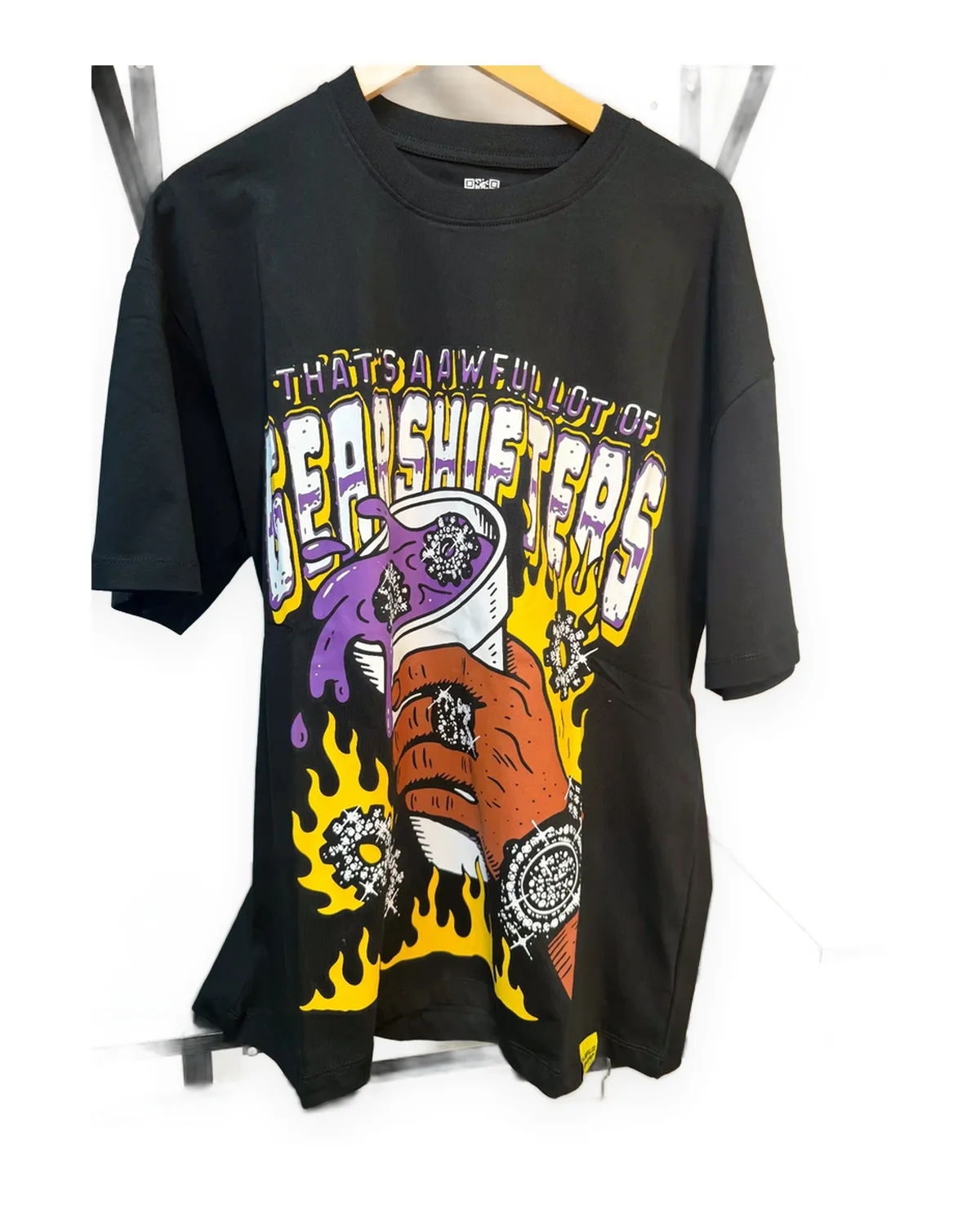 Black Graphic Tee with Purple Cup & Flame Print