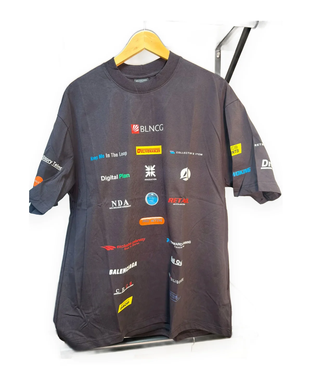 Dark Charcoal Boxy Tee with Corporate Logo Collage Print